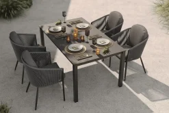 OUTFLEXX Tavio Garten-Essgruppe, anthrazit matt/dunkelgrau, Alu/Rope-Geflecht/Spraystone, 160 x 95 cm, 4 Diningsessel