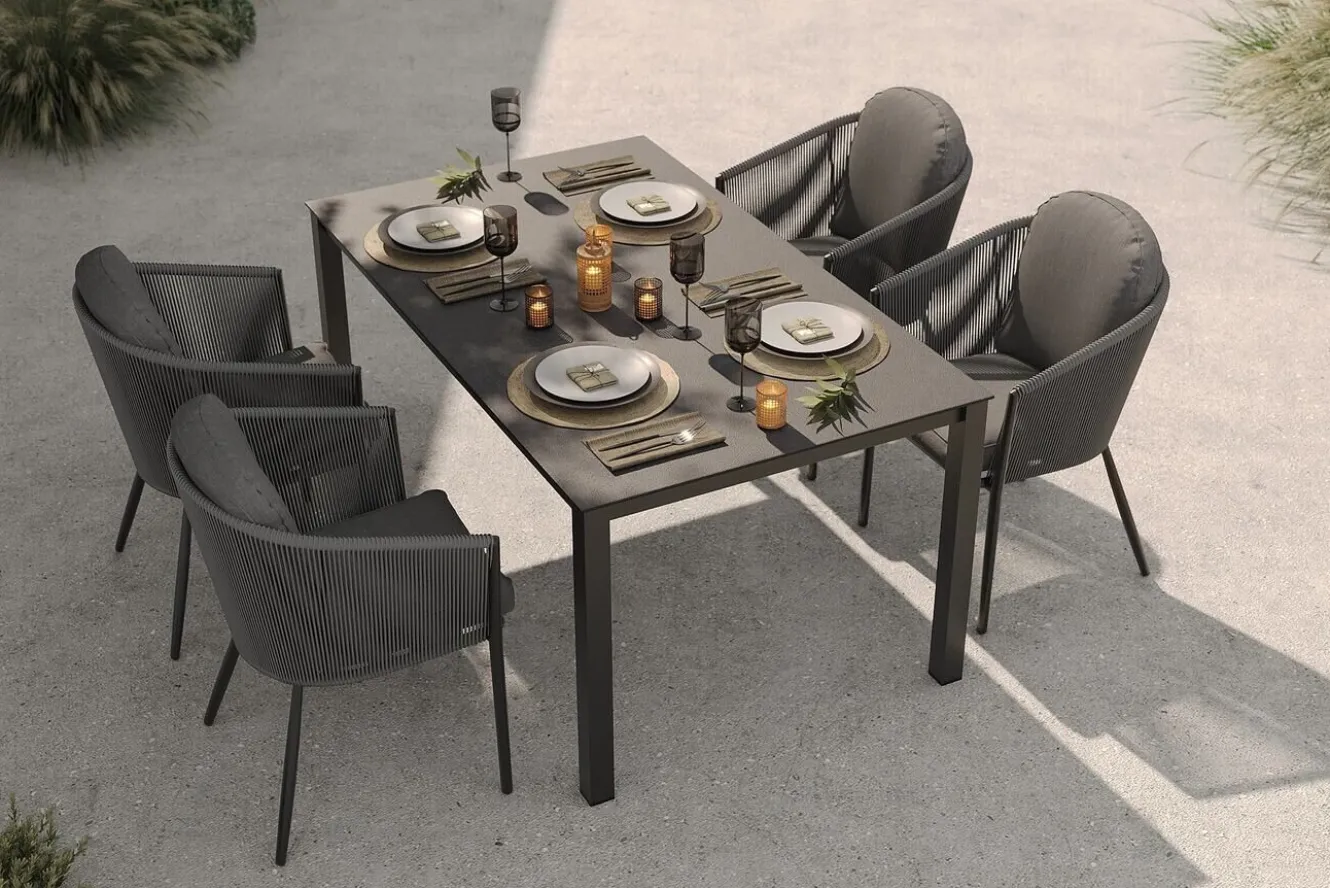 OUTFLEXX Tavio Garten-Essgruppe, anthrazit matt/dunkelgrau, Alu/Rope-Geflecht/Spraystone, 160 x 95 cm, 4 Diningsessel