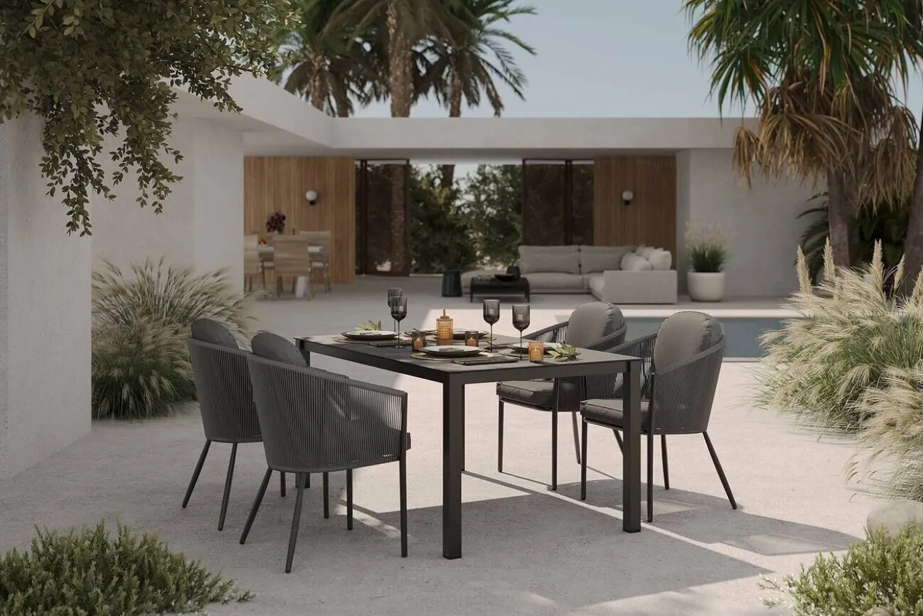 OUTFLEXX Tavio Garten-Essgruppe, anthrazit matt/dunkelgrau, Alu/Rope-Geflecht/Spraystone, 160 x 95 cm, 4 Diningsessel