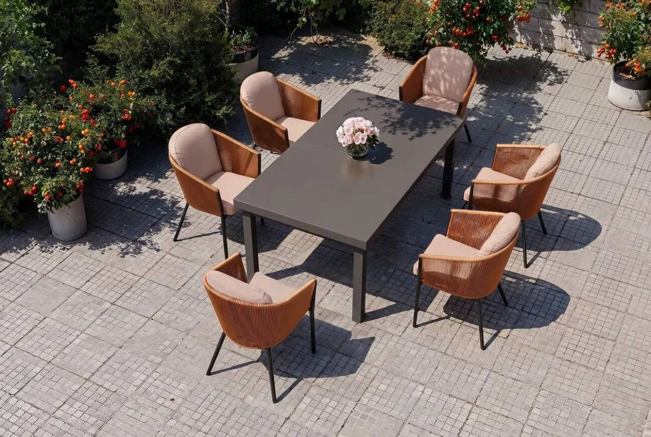OUTFLEXX Tavio Garten-Essgruppe, anthrazit/orange, Alu/Rope-Geflecht, ausziehbare Tischplatte 180/240 x 100 cm, 6 Diningsessel