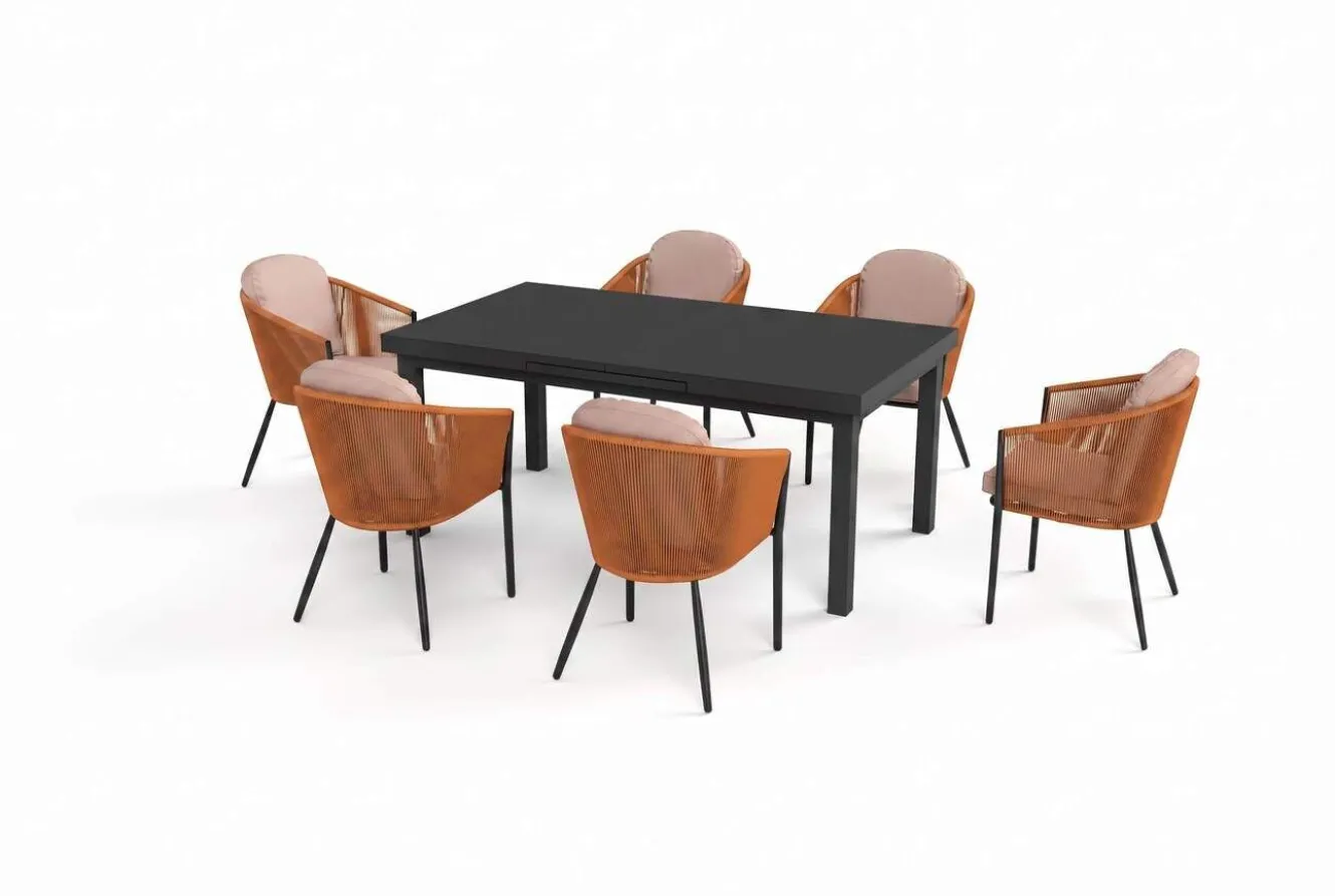 OUTFLEXX Tavio Garten-Essgruppe, anthrazit/orange, Alu/Rope-Geflecht, ausziehbare Tischplatte 180/240 x 100 cm, 6 Diningsessel
