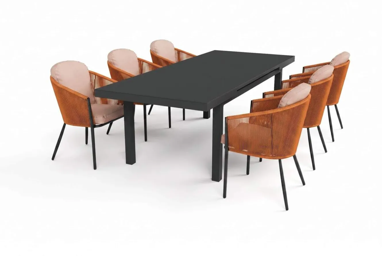 OUTFLEXX Tavio Garten-Essgruppe, anthrazit/orange, Alu/Rope-Geflecht, ausziehbare Tischplatte 180/240 x 100 cm, 6 Diningsessel