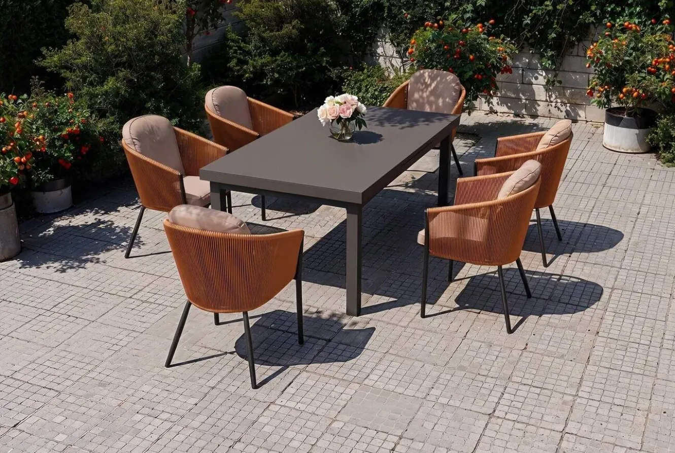 OUTFLEXX Tavio Garten-Essgruppe, anthrazit/orange, Alu/Rope-Geflecht, ausziehbare Tischplatte 180/240 x 100 cm, 6 Diningsessel