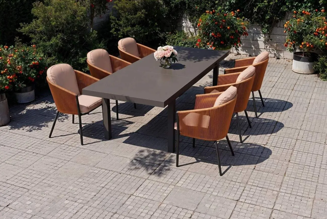 OUTFLEXX Tavio Garten-Essgruppe, anthrazit/orange, Alu/Rope-Geflecht, ausziehbare Tischplatte 180/240 x 100 cm, 6 Diningsessel