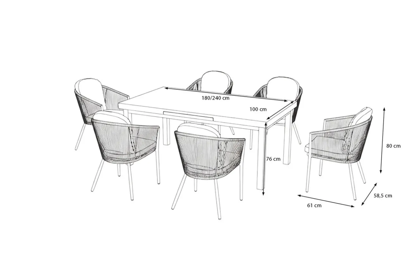 OUTFLEXX Tavio Garten-Essgruppe, anthrazit/orange, Alu/Rope-Geflecht, ausziehbare Tischplatte 180/240 x 100 cm, 6 Diningsessel