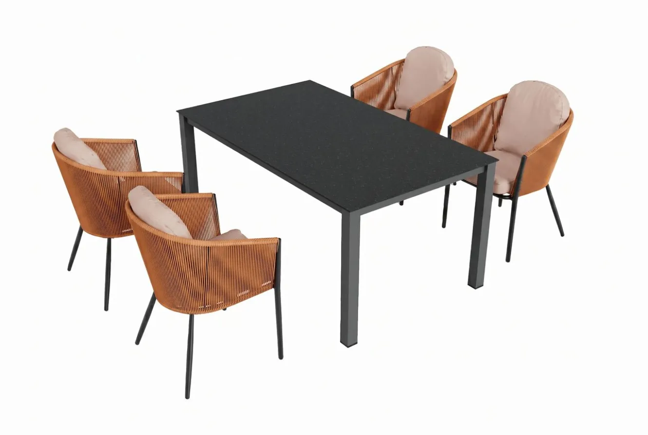 OUTFLEXX Tavio Garten-Essgruppe, anthrazit matt/orange, Alu/Rope-Geflecht, Spraystone-Tischplatte 160 x 95 cm, 4 Diningsessel