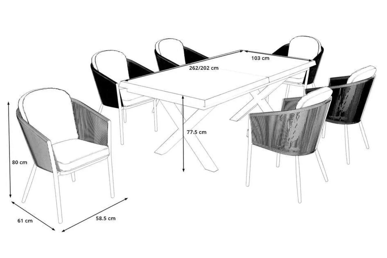 OUTFLEXX Tavio Garten-Essgruppe, schwarz/orange, Alu/Rope-Geflecht, Tisch 200/260 x 100 cm, 6 Diningsessel, ausziehbar