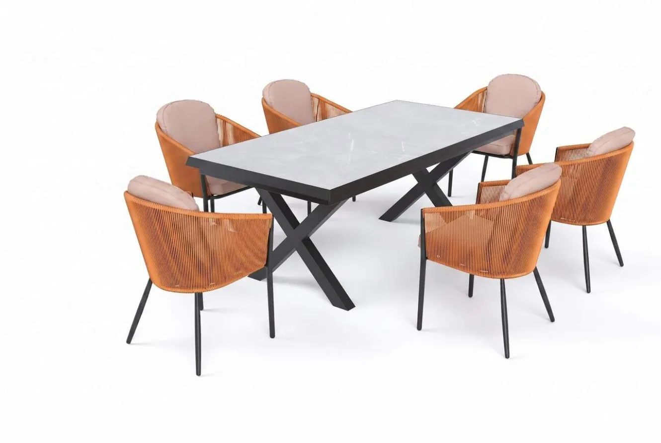 OUTFLEXX Tavio Garten-Essgruppe, schwarz/orange, Alu/Rope-Geflecht, Tisch 200/260 x 100 cm, 6 Diningsessel, ausziehbar