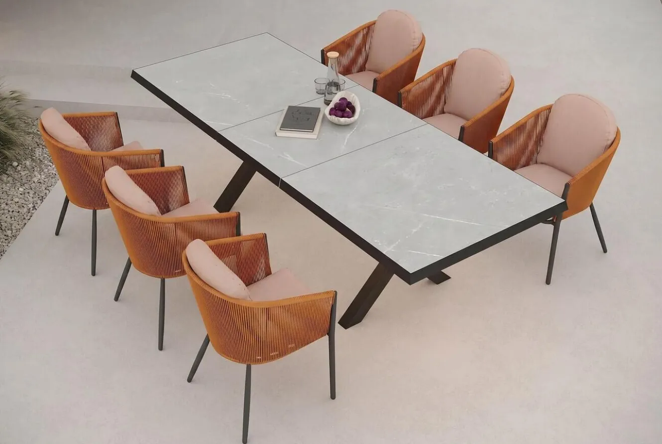 OUTFLEXX Tavio Garten-Essgruppe, schwarz/orange, Alu/Rope-Geflecht, Tisch 200/260 x 100 cm, 6 Diningsessel, ausziehbar