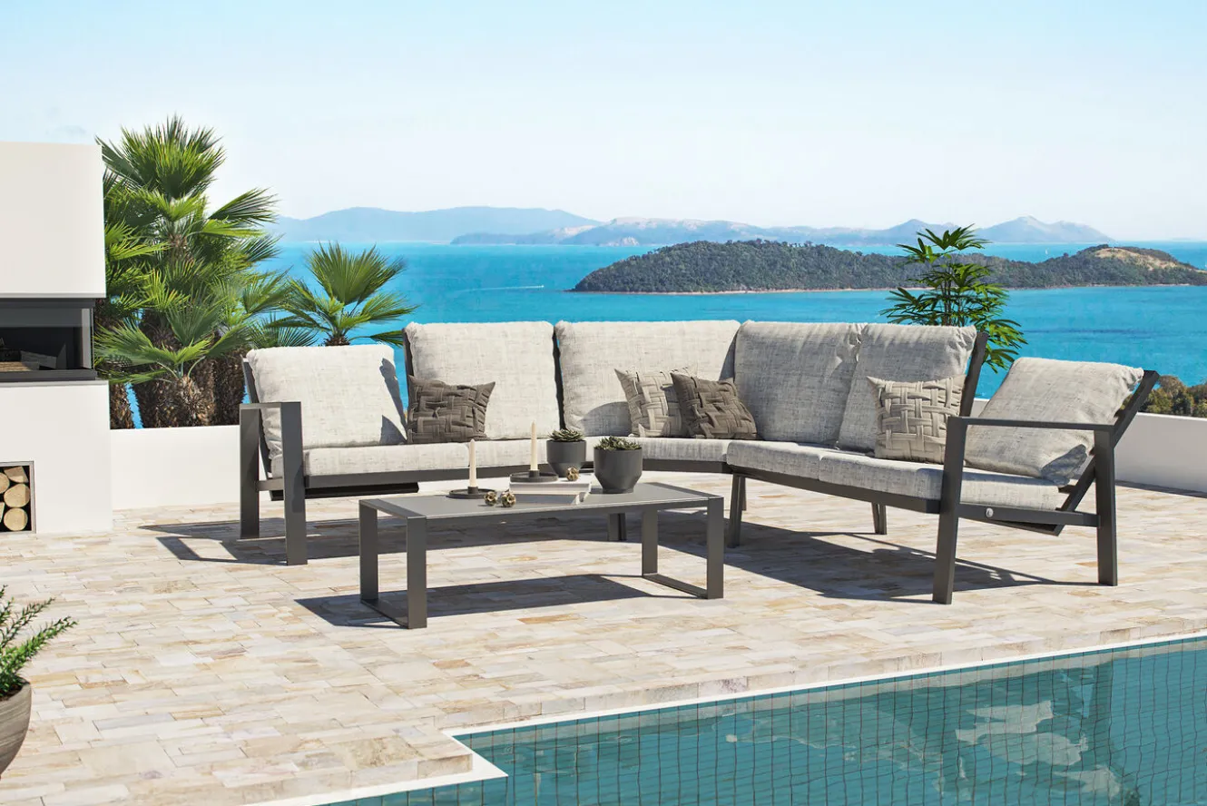 OUTFLEXX Theia L Gartenlounge für 5 Personen, anthrazit/grau meliert, Alu/Polyester, Tischplatte aus Milchglas, pulverbeschichtet