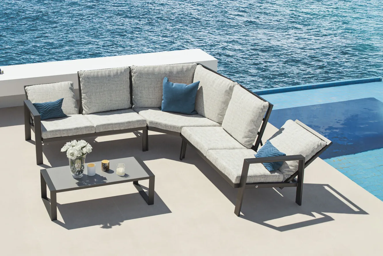 OUTFLEXX Theia L Gartenlounge für 5 Personen, anthrazit/grau meliert, Alu/Polyester, Tischplatte aus Milchglas, pulverbeschichtet