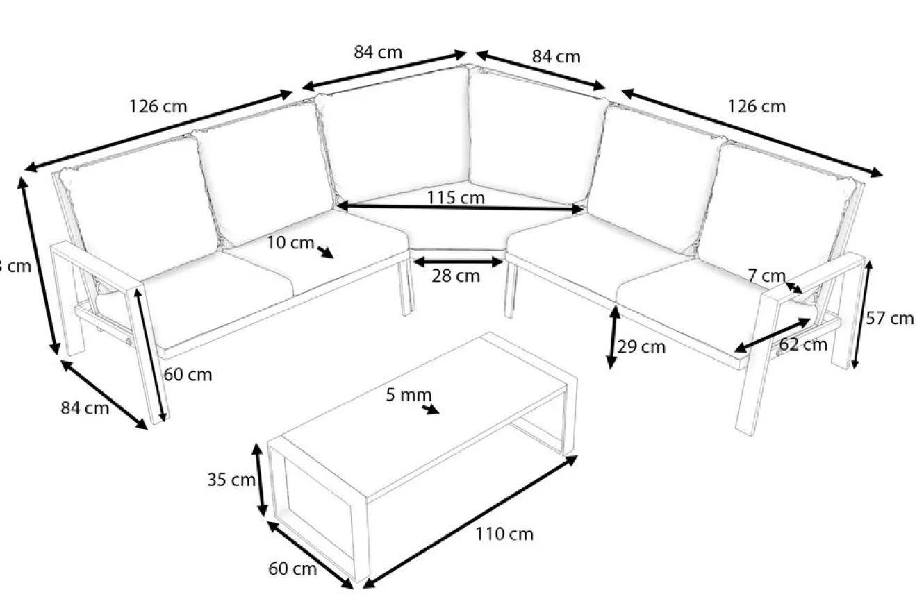 OUTFLEXX Theia L Gartenlounge für 5 Personen, anthrazit/grau meliert, Alu/Polyester, Tischplatte aus Milchglas, pulverbeschichtet