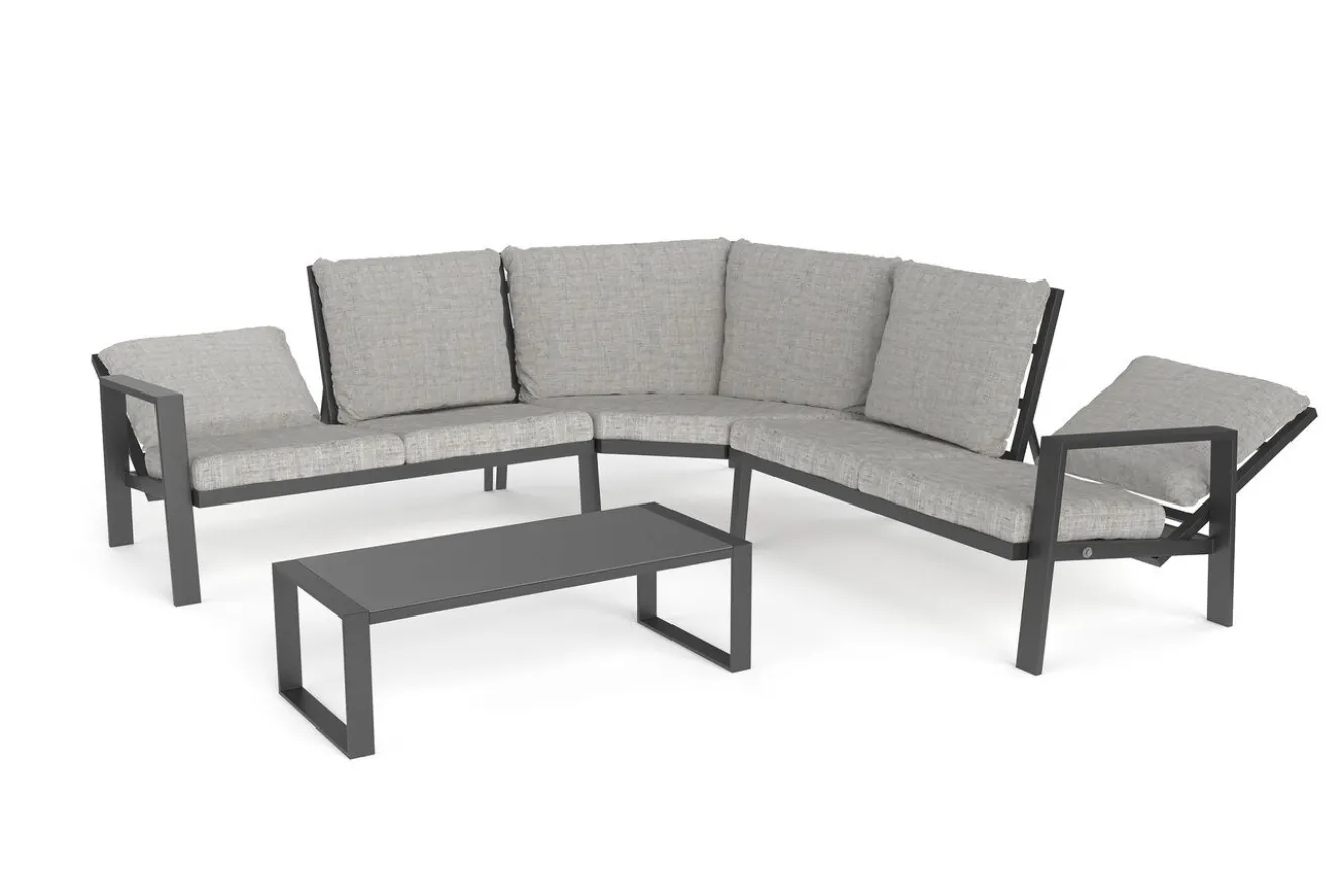 OUTFLEXX Theia L Gartenlounge für 5 Personen, anthrazit/grau meliert, Alu/Polyester, Tischplatte aus Milchglas, pulverbeschichtet