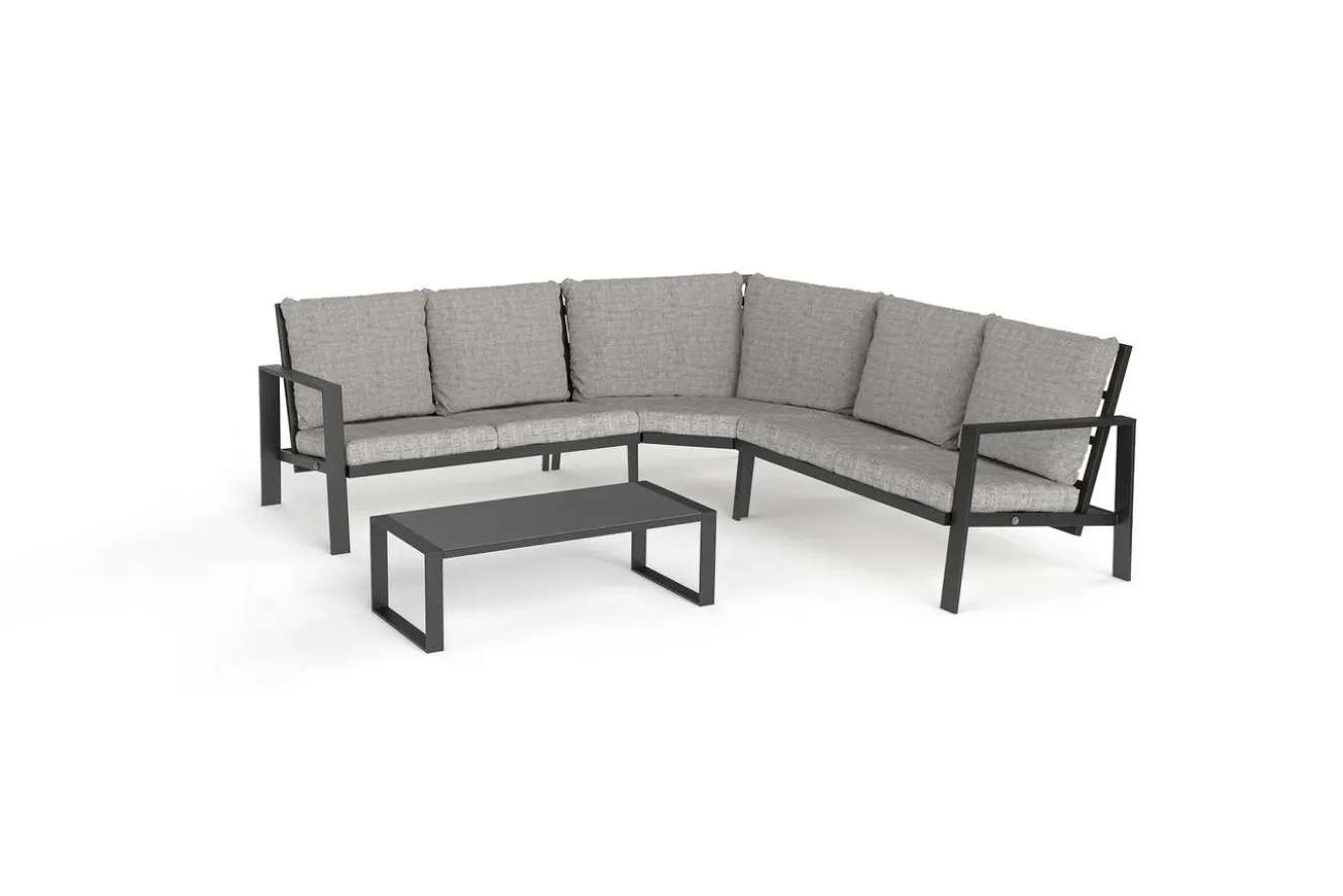 OUTFLEXX Theia L Gartenlounge für 5 Personen, anthrazit/grau meliert, Alu/Polyester, Tischplatte aus Milchglas, pulverbeschichtet