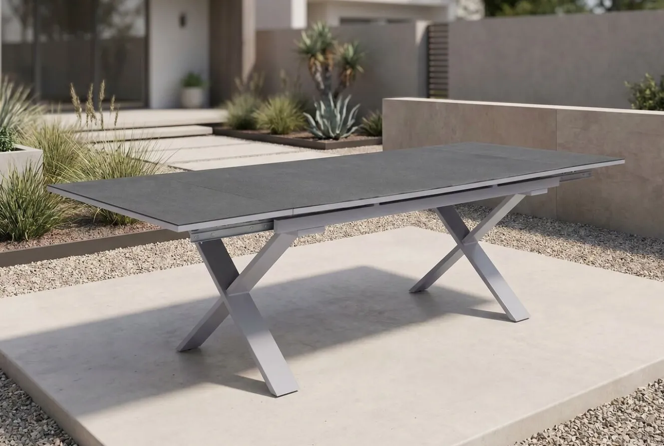 OUTFLEXX Toronto Ausziehtisch, silber, Alu/Spraystone, 180/280x100cm, Schubladenauszug