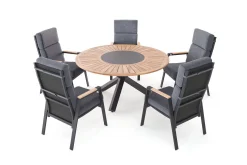OUTFLEXX Trondheim Garten-Essgruppe, anthrazit, Aluminium/Teak/Polyester, Ø150 x 75,5 cm, pulverbeschichtet, witterungsbeständig, Polster inklusive