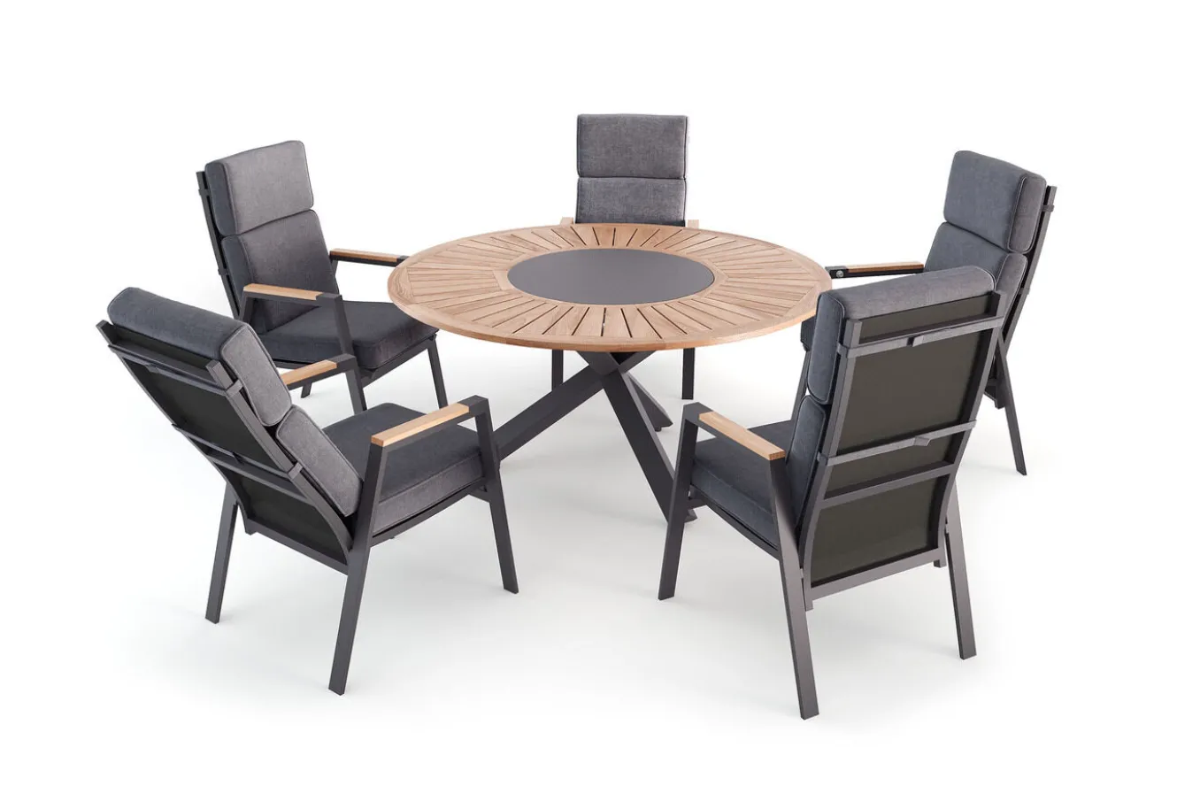 OUTFLEXX Trondheim Garten-Essgruppe, anthrazit, Aluminium/Teak/Polyester, Ø150 x 75,5 cm, pulverbeschichtet, witterungsbeständig, Polster inklusive