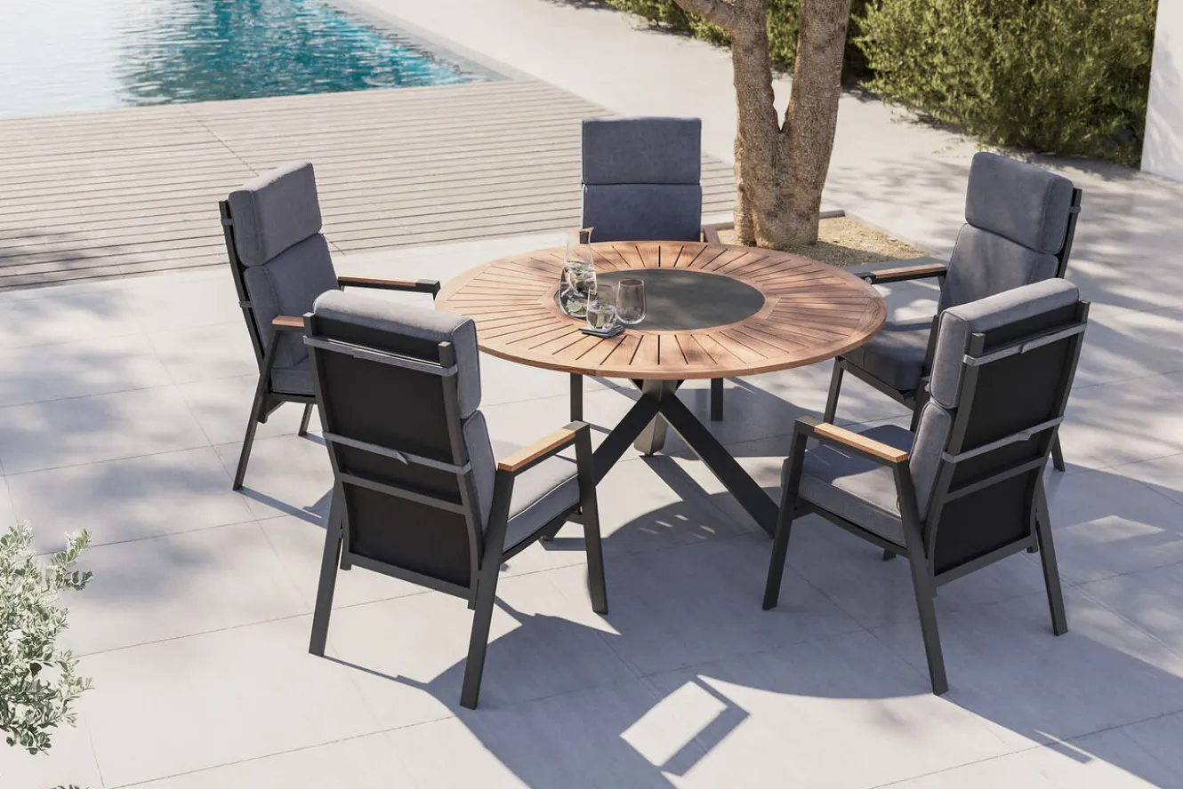 OUTFLEXX Trondheim Garten-Essgruppe, anthrazit, Aluminium/Teak/Polyester, Ø150 x 75,5 cm, pulverbeschichtet, witterungsbeständig, Polster inklusive
