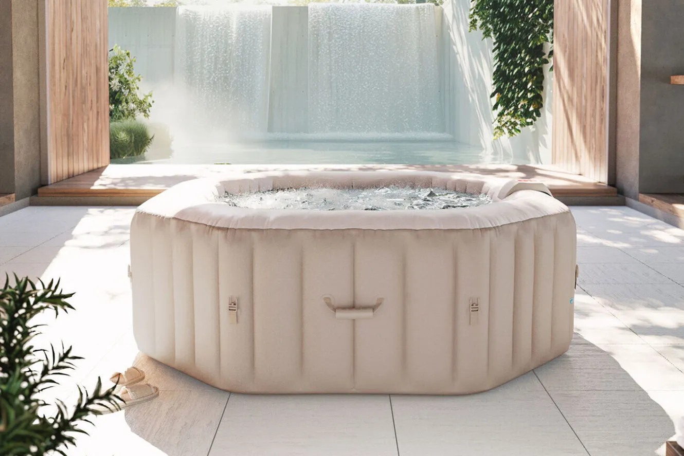 OUTFLEXX Tulum Whirlpool, beige/weiß, PVC laminiert, ⌀ 195 x 65 cm, aufblasbar, mit Massagedüsen, integriertes Ablassventil, UV-beständig