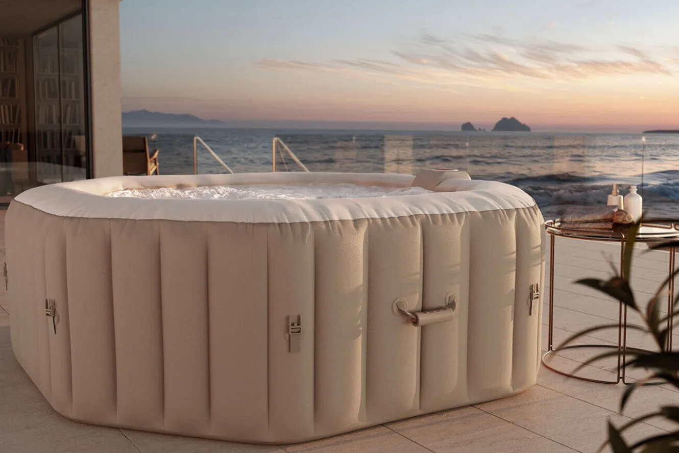 OUTFLEXX Tulum Whirlpool, beige/weiß, PVC laminiert, ⌀ 195 x 65 cm, aufblasbar, mit Massagedüsen, integriertes Ablassventil, UV-beständig