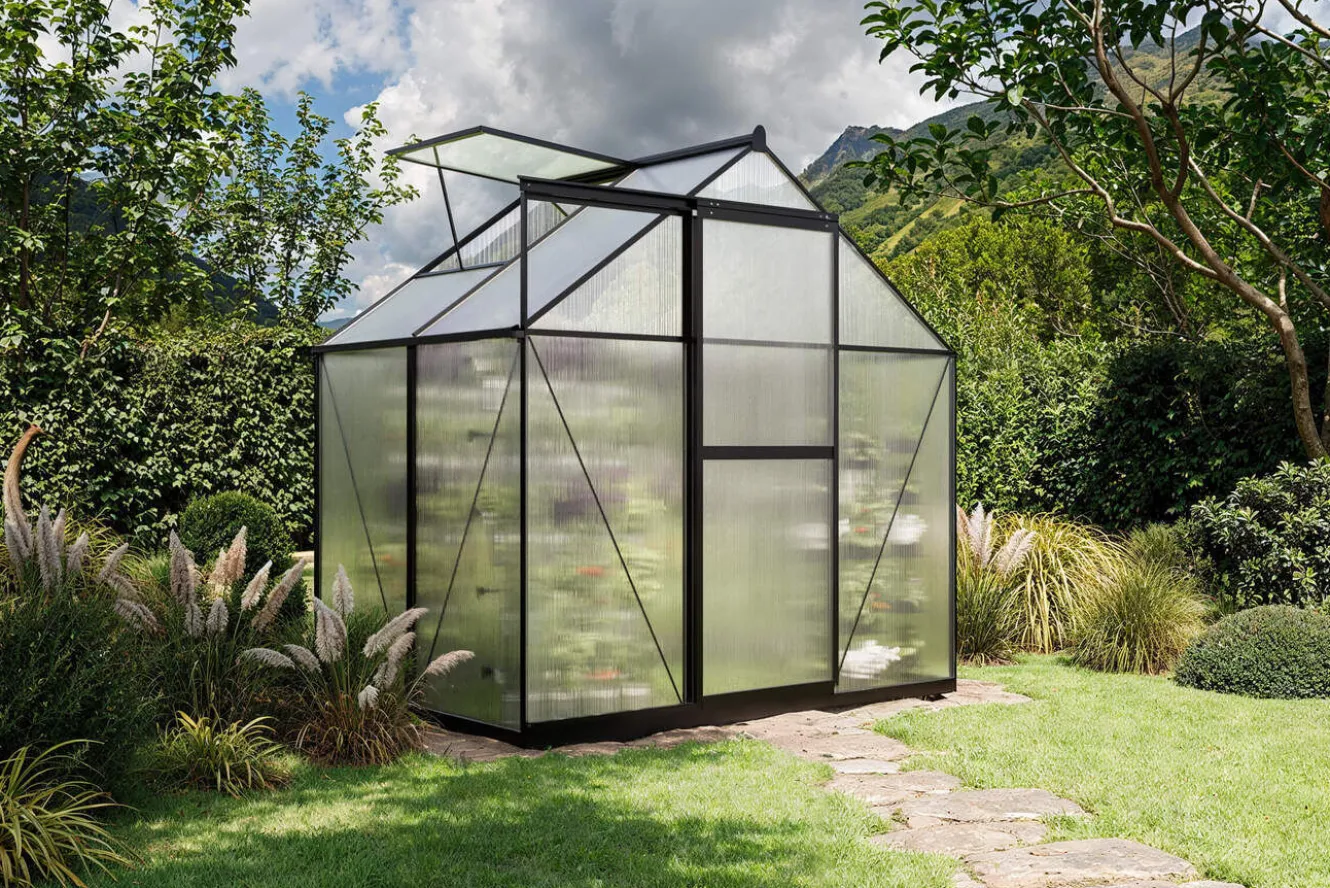 OUTFLEXX Verde Basic Gewächshaus, schwarzer Rahmen, Aluminium/Polycarbonat, 130x183x190 cm, pulverbeschichtet, UV-geschützt, mit Schiebetür