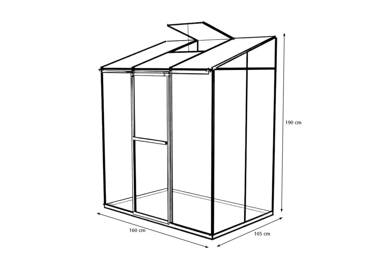OUTFLEXX Verde Comfort Anlehn-Gewächshaus, schwarzer Rahmen, Aluminium/Polycarbonat, 160 x 105 x 190 cm, UV-beständig, pulverbeschichtet, mit Schiebetür