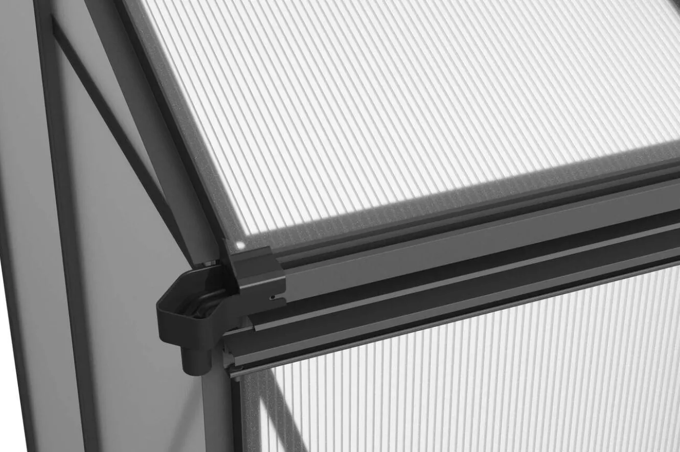 OUTFLEXX Verde Comfort Anlehn-Gewächshaus, schwarzer Rahmen, Aluminium/Polycarbonat, 160 x 105 x 190 cm, UV-beständig, pulverbeschichtet, mit Schiebetür