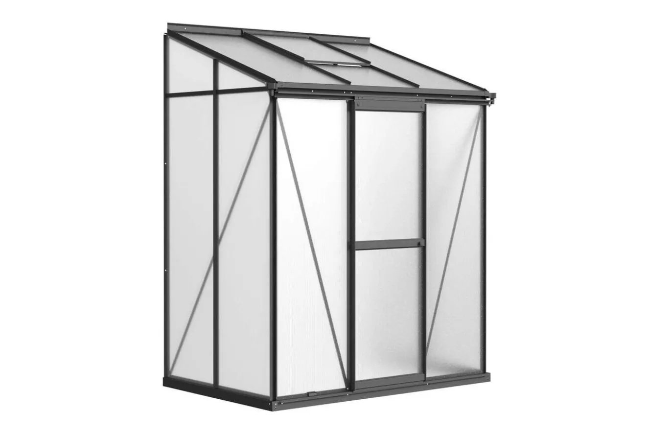OUTFLEXX Verde Comfort Anlehn-Gewächshaus, schwarzer Rahmen, Aluminium/Polycarbonat, 160 x 105 x 190 cm, UV-beständig, pulverbeschichtet, mit Schiebetür