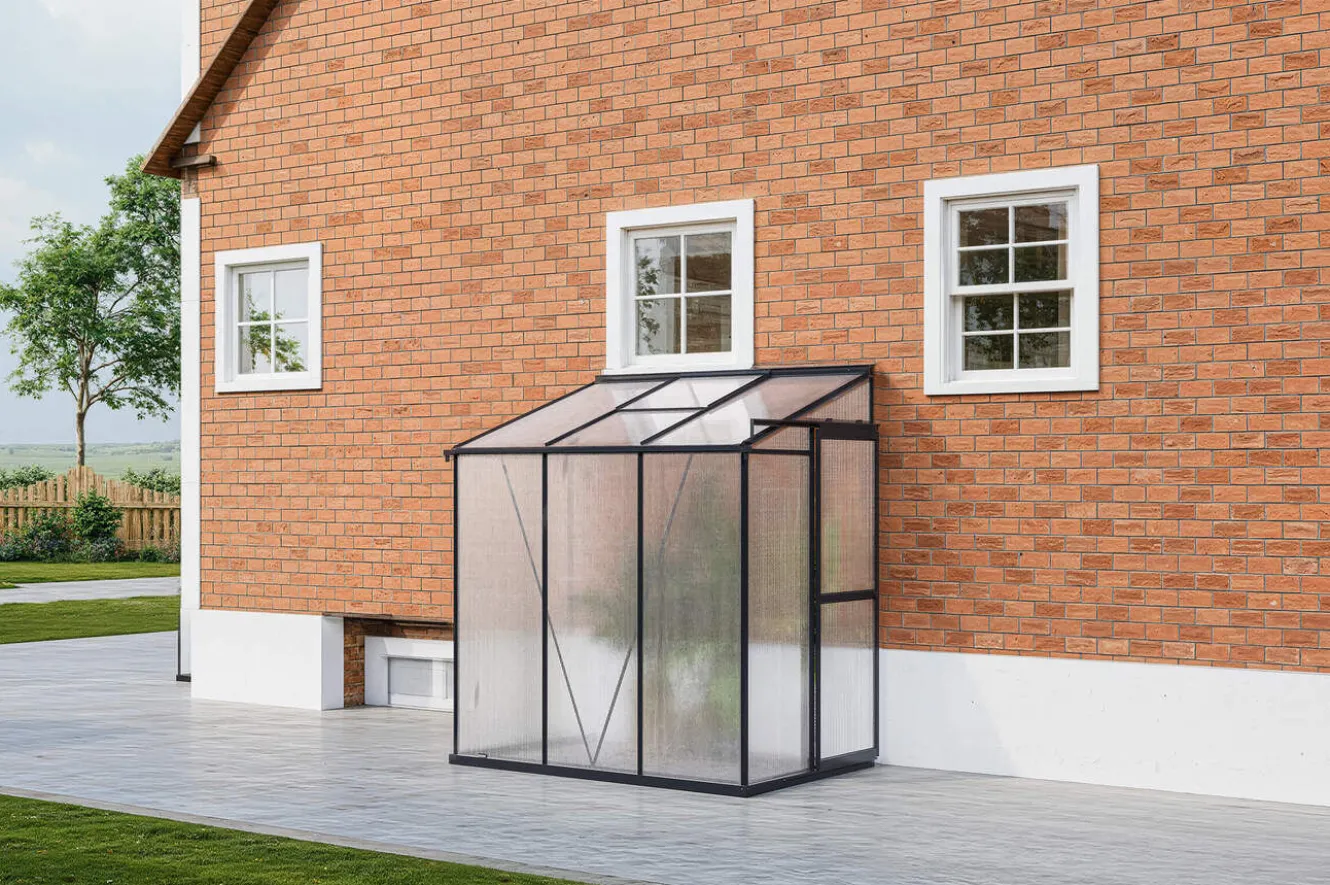 OUTFLEXX Verde Comfort Anlehn-Gewächshaus, schwarzer Rahmen, Aluminium pulverbeschichtet mit 4 mm Polycarbonatplatten, 192 x 125 x 210 cm, UV-beständig, mit Schiebetür und Belüftungsfenster