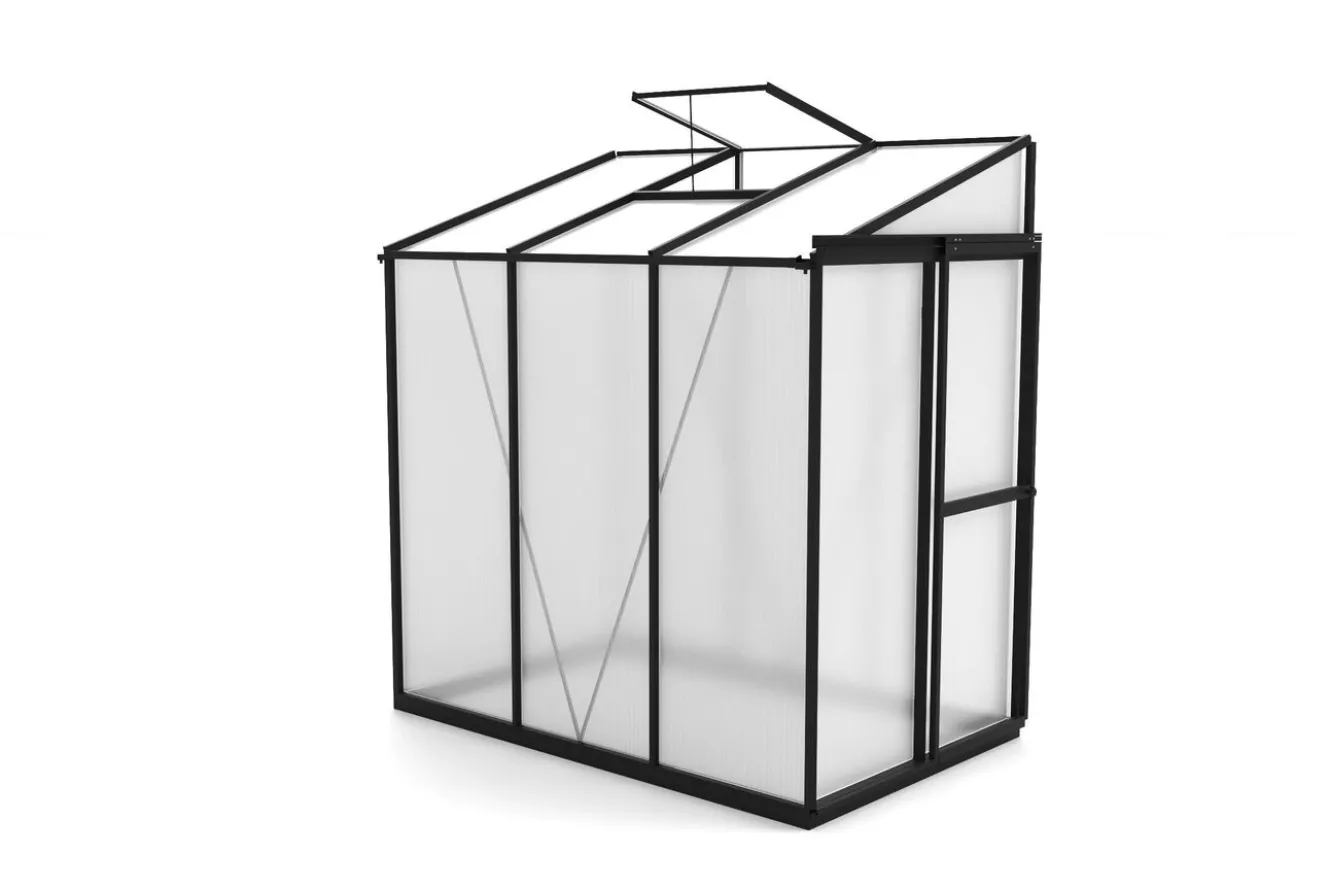 OUTFLEXX Verde Comfort Anlehn-Gewächshaus, schwarzer Rahmen, Aluminium pulverbeschichtet mit 4 mm Polycarbonatplatten, 192 x 125 x 210 cm, UV-beständig, mit Schiebetür und Belüftungsfenster