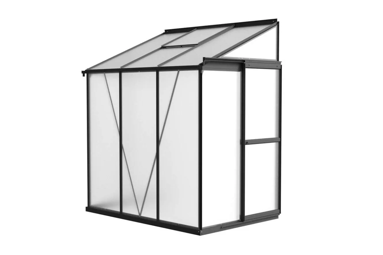 OUTFLEXX Verde Comfort Anlehn-Gewächshaus, schwarzer Rahmen, Aluminium pulverbeschichtet mit 4 mm Polycarbonatplatten, 192 x 125 x 210 cm, UV-beständig, mit Schiebetür und Belüftungsfenster