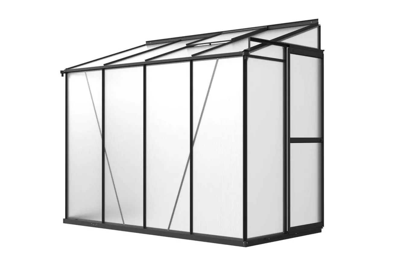 OUTFLEXX Verde Comfort Anlehn-Gewächshaus, schwarzer Rahmen, Aluminium/Polycarbonat, 265 x 125 x 210 cm, pulverbeschichtet, UV-Schutz, Schiebetür