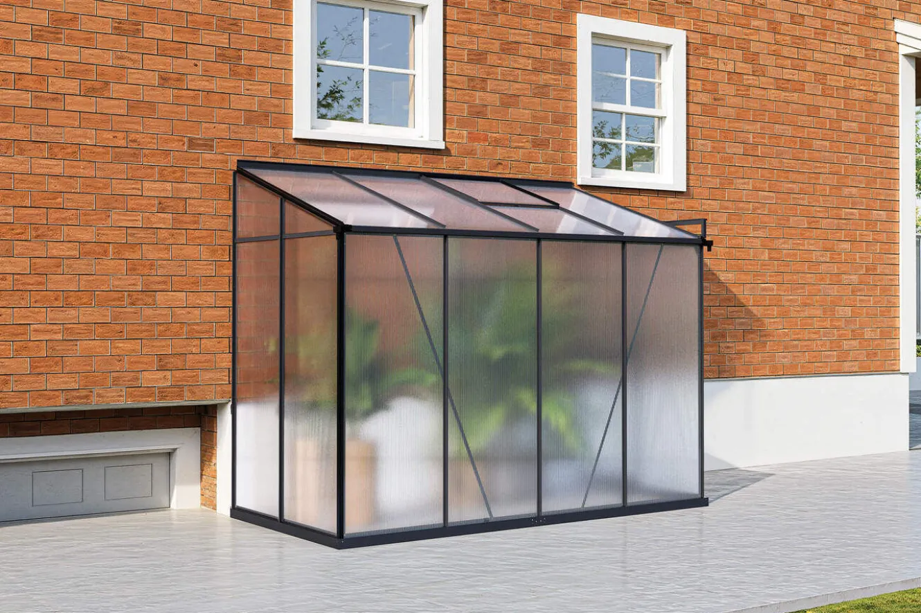 OUTFLEXX Verde Comfort Anlehn-Gewächshaus, schwarzer Rahmen, Aluminium/Polycarbonat, 265 x 125 x 210 cm, pulverbeschichtet, UV-Schutz, Schiebetür