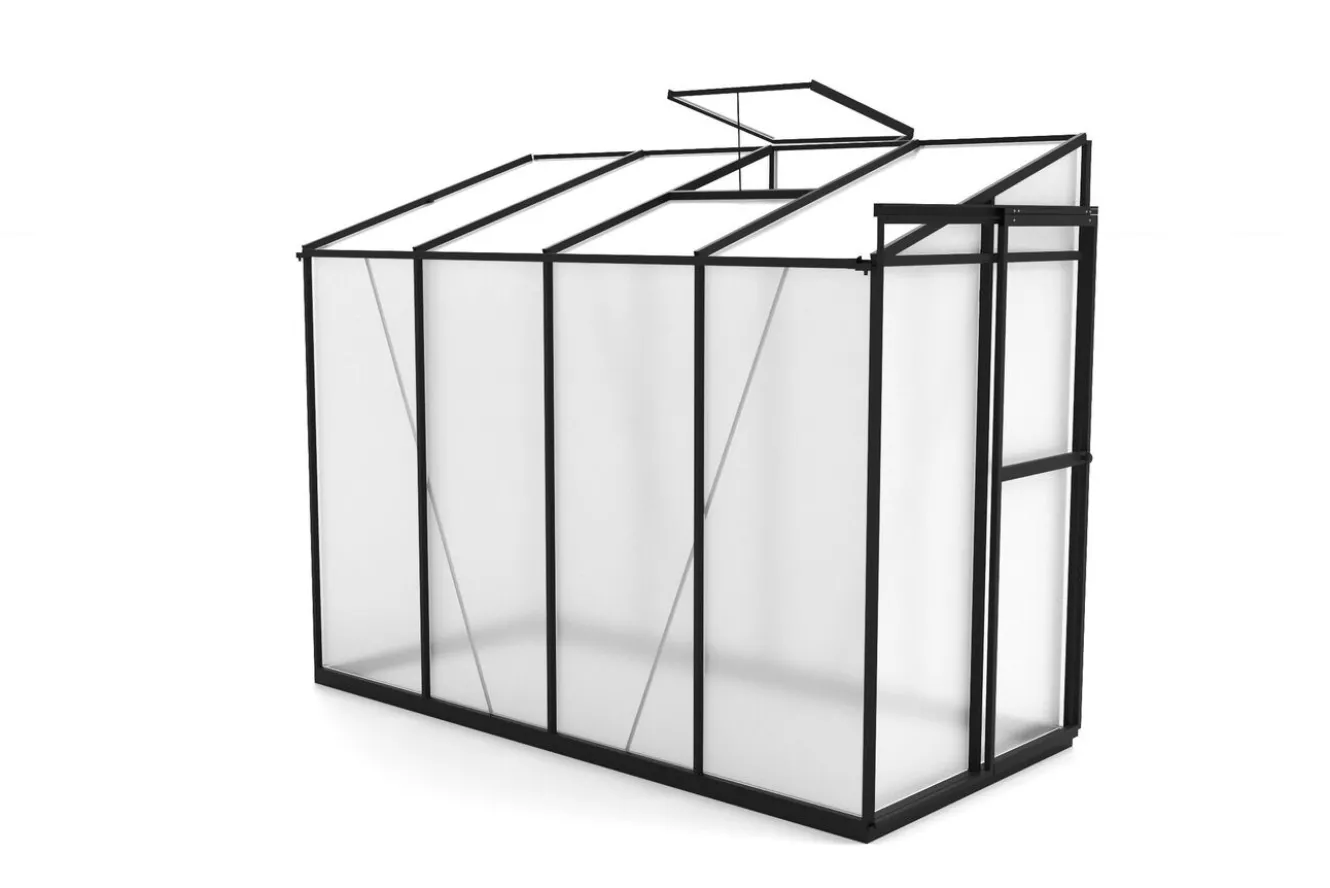 OUTFLEXX Verde Comfort Anlehn-Gewächshaus, schwarzer Rahmen, Aluminium/Polycarbonat, 265 x 125 x 210 cm, pulverbeschichtet, UV-Schutz, Schiebetür