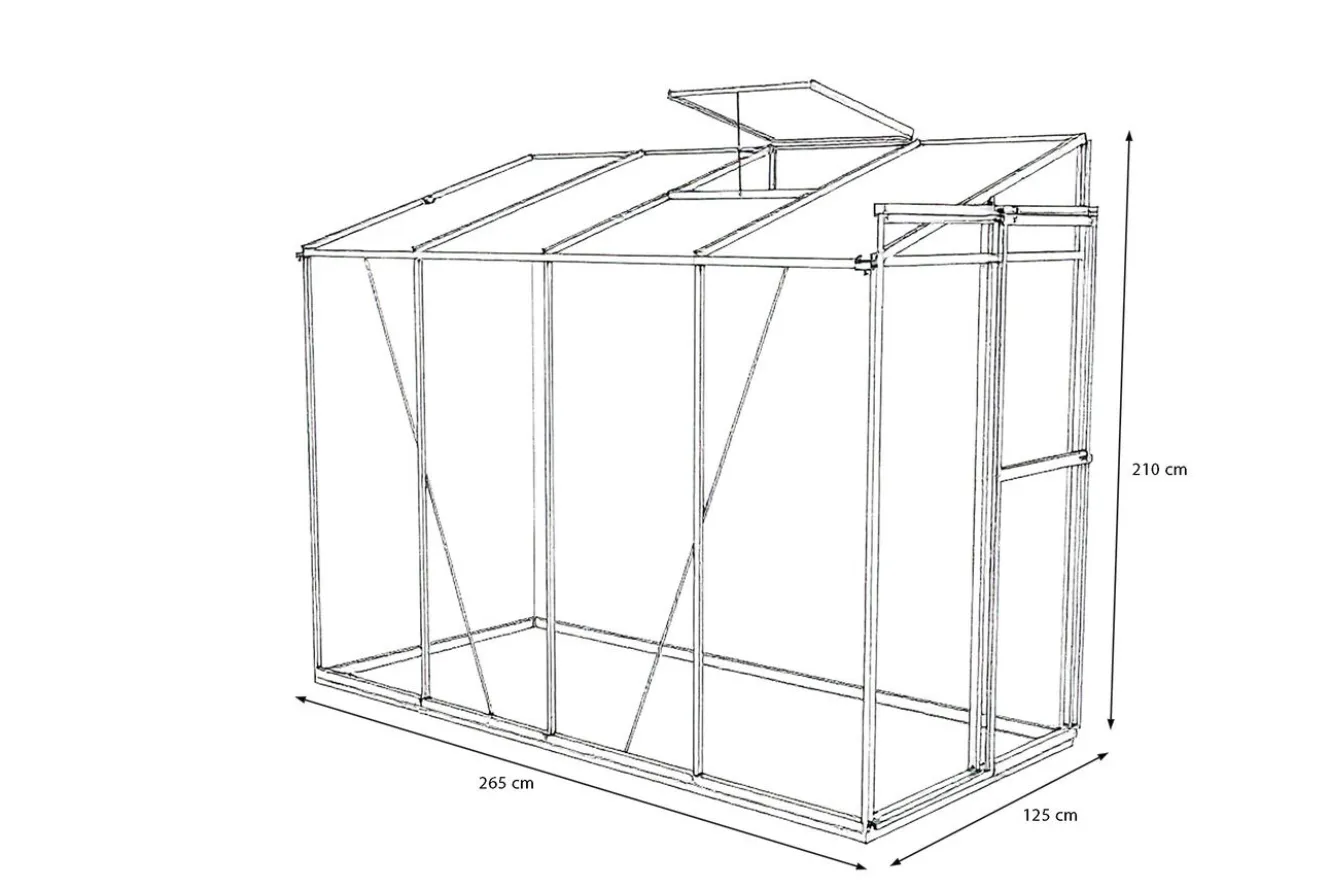 OUTFLEXX Verde Comfort Anlehn-Gewächshaus, schwarzer Rahmen, Aluminium/Polycarbonat, 265 x 125 x 210 cm, pulverbeschichtet, UV-Schutz, Schiebetür