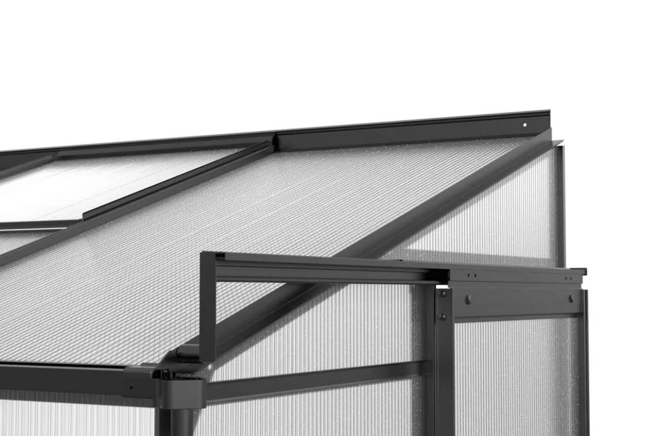 OUTFLEXX Verde Comfort Anlehn-Gewächshaus, schwarzer Rahmen, Aluminium/Polycarbonat, 265 x 125 x 210 cm, pulverbeschichtet, UV-Schutz, Schiebetür