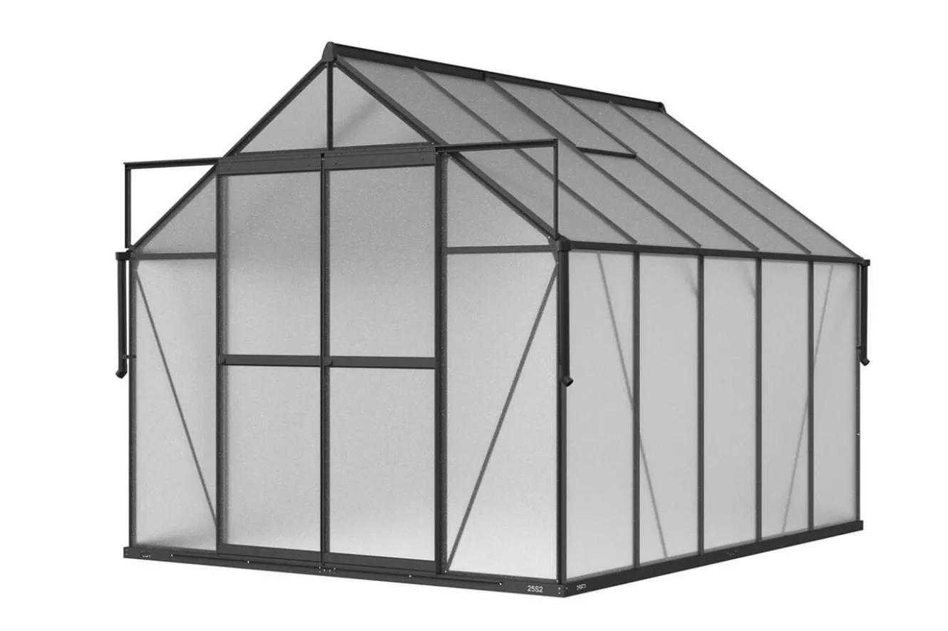 OUTFLEXX Verde Premium Gewächshaus, schwarzer Rahmen, Aluminium/Polycarbonat, 310 x 244 x 230 cm, pulverbeschichtet, UV-geschützt, mit Schiebetür und 2 Fenstern