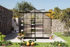 OUTFLEXX Verde Premium Gewächshaus, schwarzer Rahmen, Aluminium/Polycarbonat, 310 x 244 x 230 cm, pulverbeschichtet, UV-geschützt, mit Schiebetür und 2 Fenstern