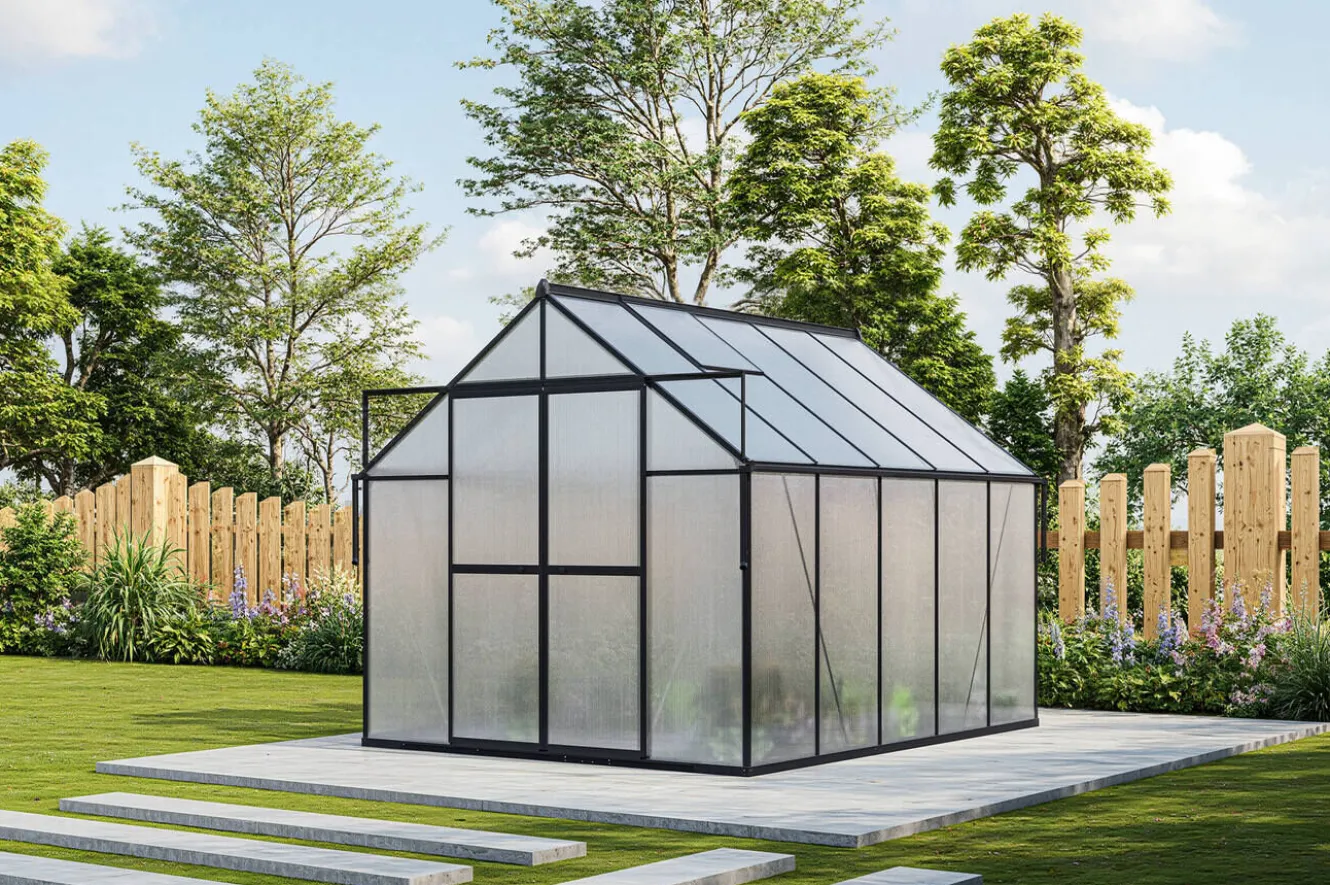 OUTFLEXX Verde Premium Gewächshaus, schwarzer Rahmen, Aluminium/Polycarbonat, 310 x 244 x 230 cm, pulverbeschichtet, UV-geschützt, mit Schiebetür und 2 Fenstern