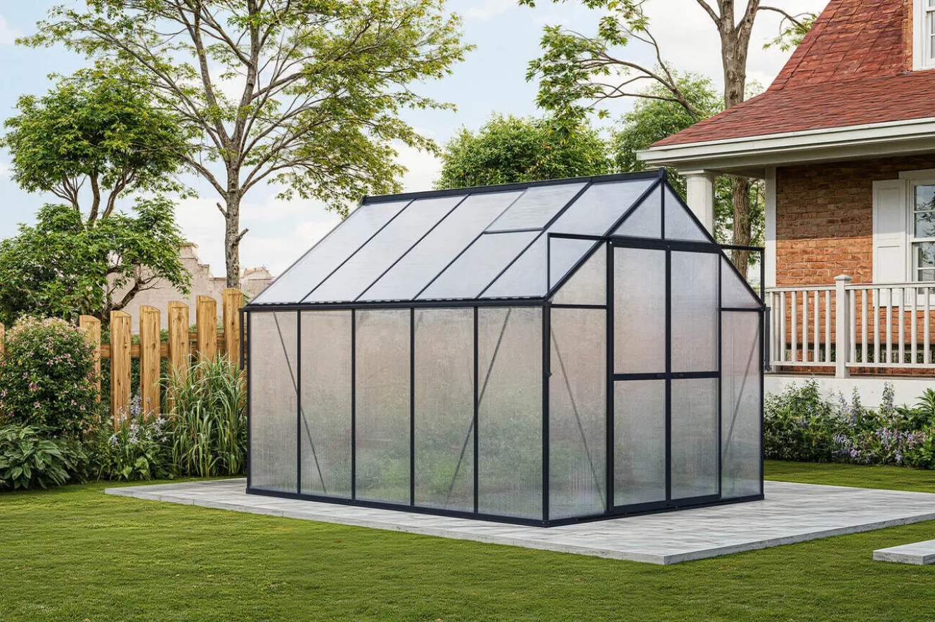 OUTFLEXX Verde Premium Gewächshaus, schwarzer Rahmen, Aluminium/Polycarbonat, 310 x 244 x 230 cm, pulverbeschichtet, UV-geschützt, mit Schiebetür und 2 Fenstern