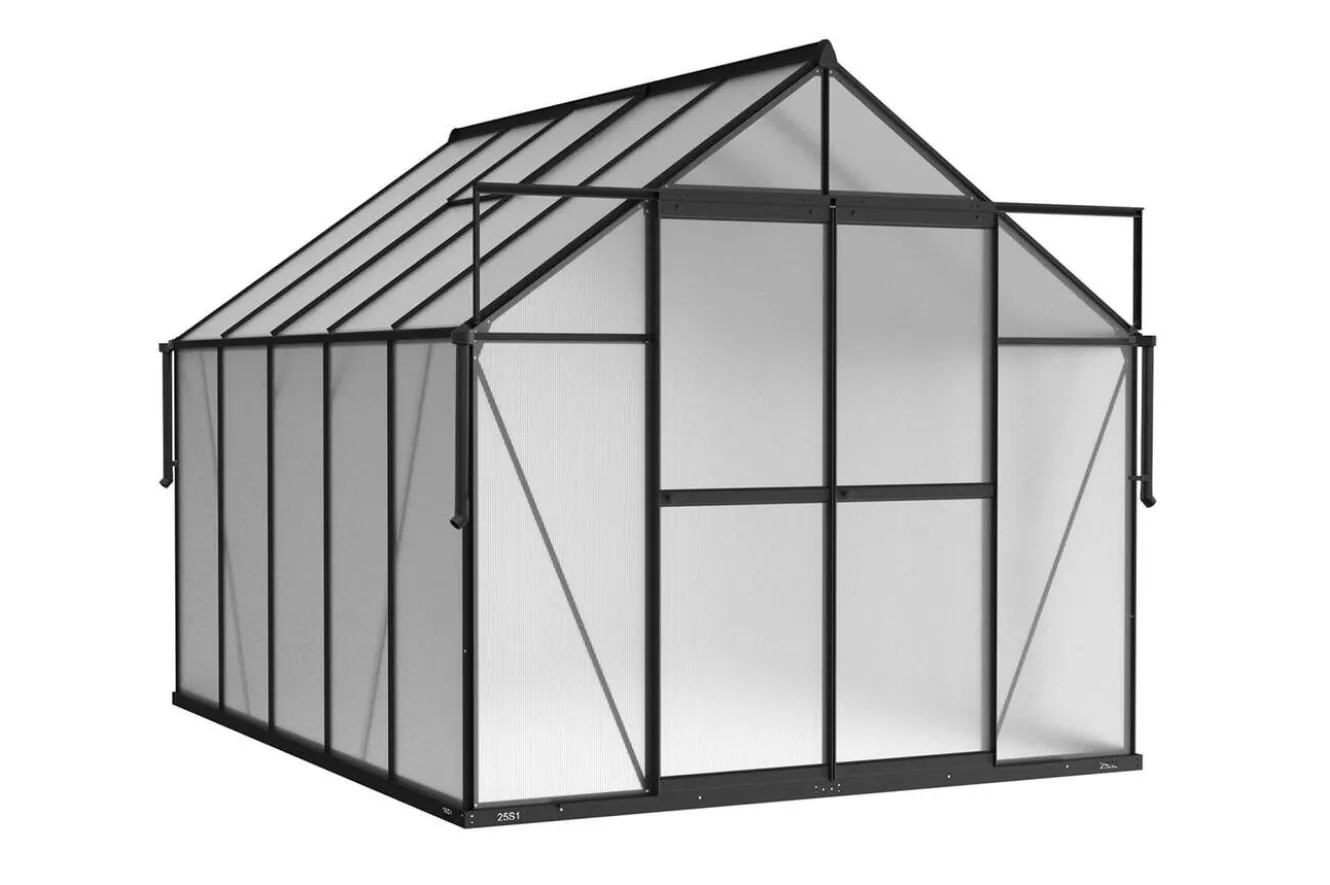 OUTFLEXX Verde Premium Gewächshaus, schwarzer Rahmen, Aluminium/Polycarbonat, 310 x 244 x 230 cm, pulverbeschichtet, UV-geschützt, mit Schiebetür und 2 Fenstern