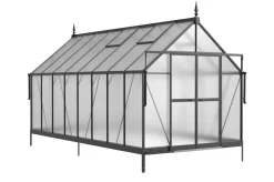OUTFLEXX Verde Premium Gewächshaus, schwarzer Rahmen, Aluminium pulverbeschichtet mit Polycarbonat 6 mm und Stahlrahmen, 486 x 243 x 240 cm, 4 Fenster, Schiebetür
