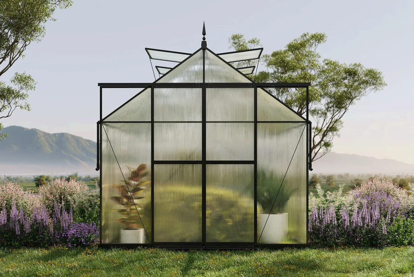 OUTFLEXX Verde Premium Gewächshaus, schwarzer Rahmen, Aluminium pulverbeschichtet mit Polycarbonat 6 mm und Stahlrahmen, 486 x 243 x 240 cm, 4 Fenster, Schiebetür