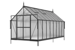 OUTFLEXX Verde Premium Gewächshaus, schwarzer Rahmen, Aluminium pulverbeschichtet mit Polycarbonat 6 mm und Stahlrahmen, 486 x 243 x 240 cm, 4 Fenster, Schiebetür