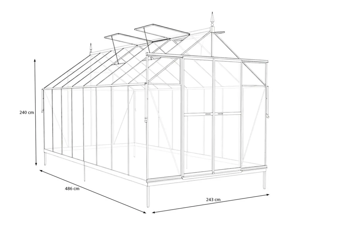 OUTFLEXX Verde Premium Gewächshaus, schwarzer Rahmen, Aluminium pulverbeschichtet mit Polycarbonat 6 mm und Stahlrahmen, 486 x 243 x 240 cm, 4 Fenster, Schiebetür