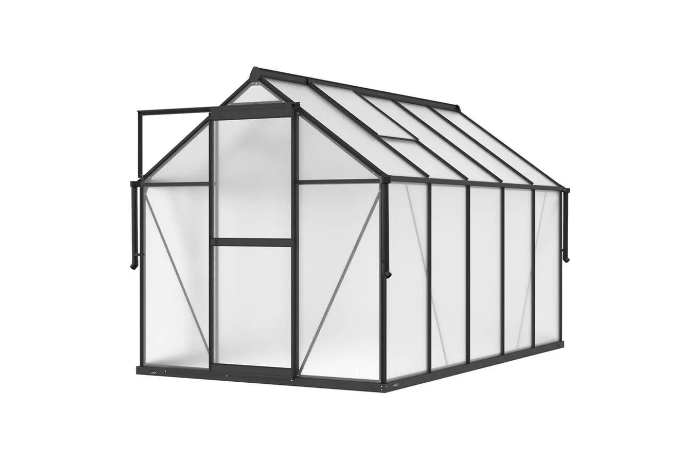 OUTFLEXX Verde Premium Gewächshaus, schwarzer Rahmen, Aluminium/Polycarbonat, 302 x 183 x 200 cm, pulverbeschichtet, Schiebetür, 2 Fenster, UV-beständig