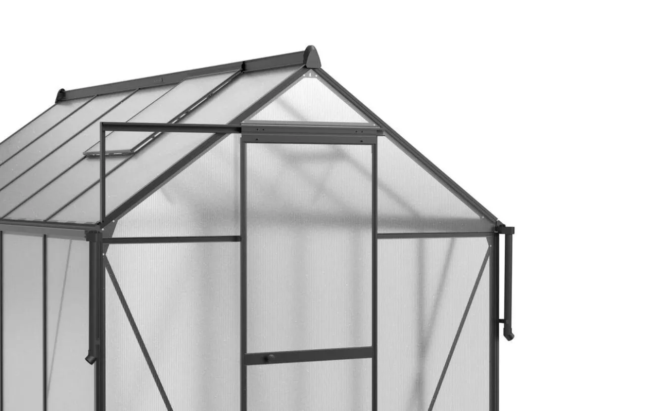 OUTFLEXX Verde Premium Gewächshaus, schwarzer Rahmen, Aluminium/Polycarbonat, 302 x 183 x 200 cm, pulverbeschichtet, Schiebetür, 2 Fenster, UV-beständig
