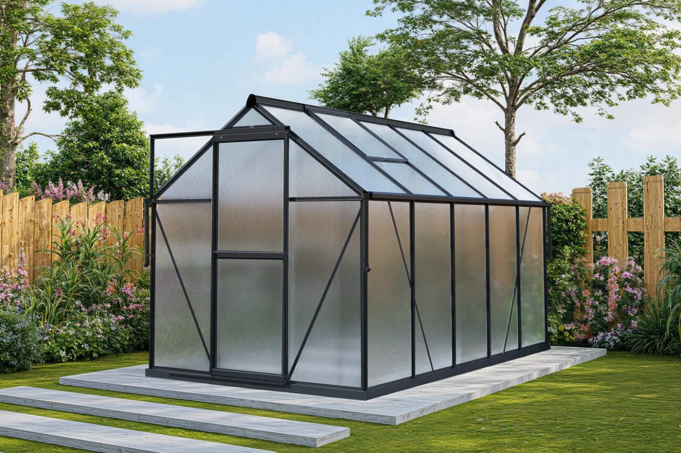 OUTFLEXX Verde Premium Gewächshaus, schwarzer Rahmen, Aluminium/Polycarbonat, 302 x 183 x 200 cm, pulverbeschichtet, Schiebetür, 2 Fenster, UV-beständig