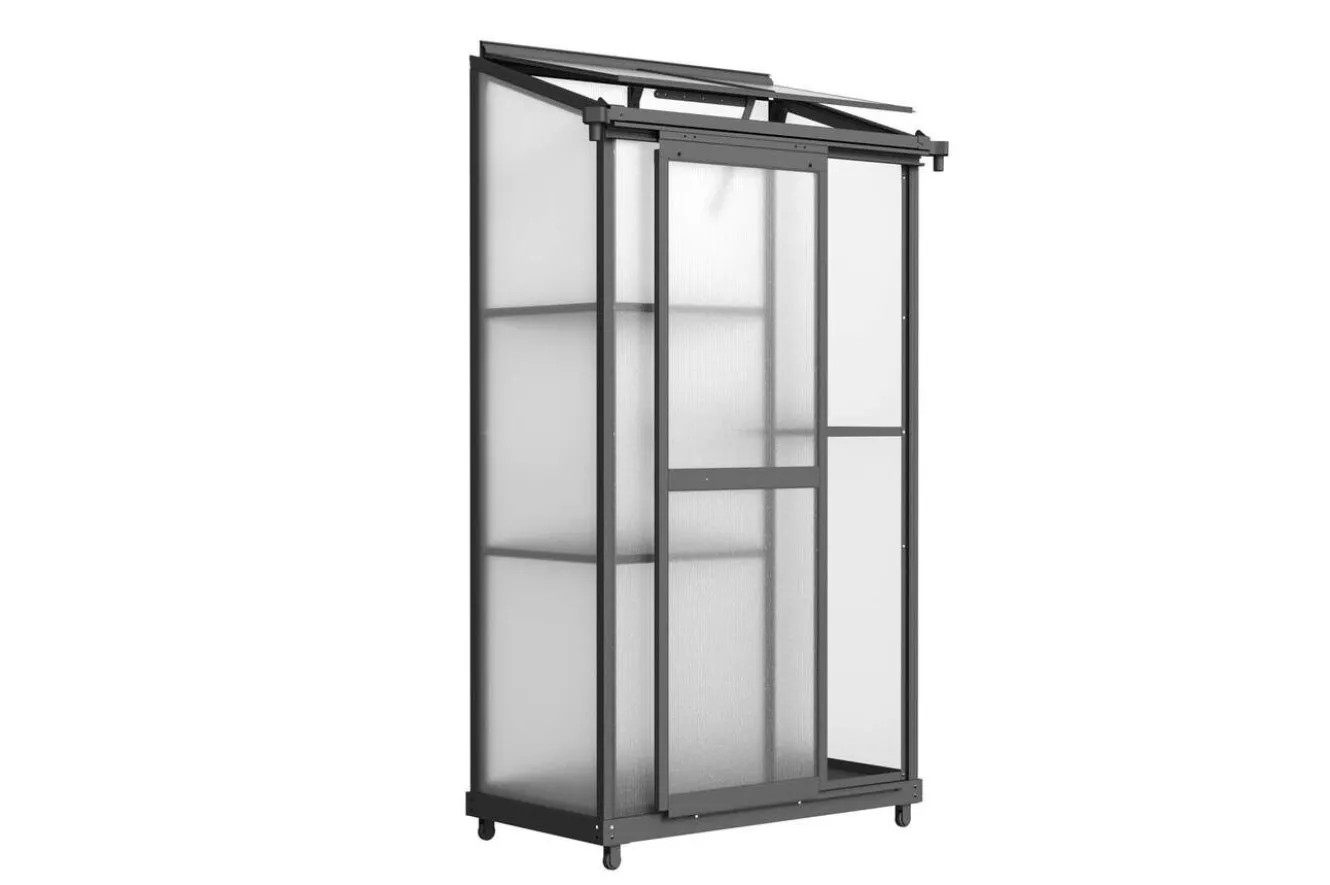 OUTFLEXX Verde Smart Balkon-Gewächshaus, schwarzer Rahmen, Aluminium/Polycarbonat, 91 x 51 x 166 cm, UV-beständig, pulverbeschichtet, mit Tür und Regalböden
