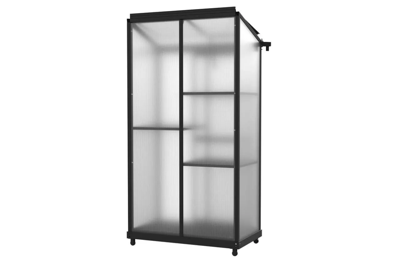 OUTFLEXX Verde Smart Balkon-Gewächshaus, schwarzer Rahmen, Aluminium/Polycarbonat, 91 x 51 x 166 cm, UV-beständig, pulverbeschichtet, mit Tür und Regalböden
